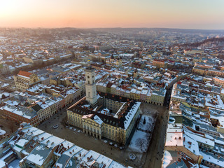 Obraz premium Day aerial shot of central part of Lviv city