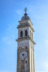 View of Orthodox Church of San Giorgio dei Greci (1592) with the leaning bell tower on Rio dei Greci (Greeks' Canal). Venice, Veneto, Italy.