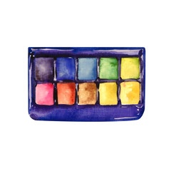 Eye shadows blue box with multi color palette, isolated on white hand painted watercolor illustration