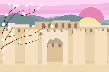 Jerusalim spring sunset or sunrise view vector background