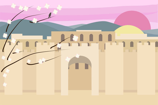 Jerusalim spring sunset or sunrise view vector background