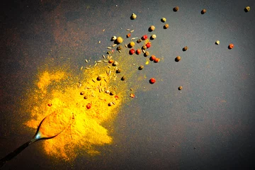 Papier Peint photo Herbes Wooden table of colorful spices