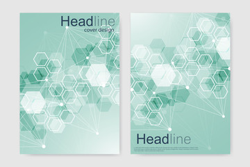 Vector templates for brochure magazine leaflet flyer cover booklet annual report. Modern futuristic hexagonal pattern with particle, molecule structure for medical, technology, chemistry, science.