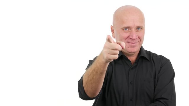 Smiling Businessman Finger Pointing Hand Gesture with Thumbs Up Sign Good Job.