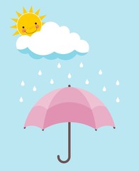 Pink umbrella, smiling sun, cloud and rain over pale blue background