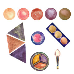 Natural colors collection of eye shadows boxes and multi color palettes with brush, isolated on white hand painted watercolor illustration