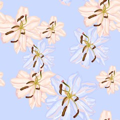 Seamless floral pattern with retro flowers. Wallpaper with lily on blue background. Vintage lilies.