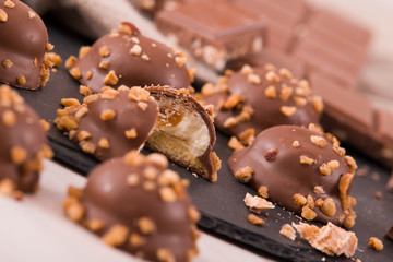 Chocolate truffles with caramel cream filling.