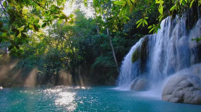Erawan waterfall with sunlight  in the morning wonderful, Of Kanchanaburi Province, Thailand.