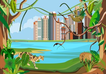 urban buildings in the river coast, green forest jungle, animals wildlife, blue lake, tropical nature and urbanization, vector illustration