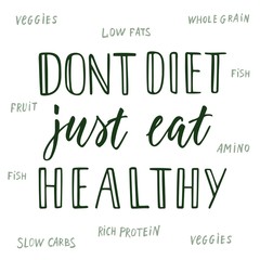Don't diet just eat healthy! Calligraphic quote and background about healthy eating.