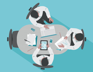 Three Businessman Meeting in Conference Room on blue background