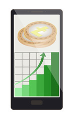 litecoin coins with growth graph on a phone screen