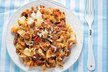 Steak chianti ragu. Slow cooked pulled & minced beef in Chianti and sun dried tomato sauce on pappardelle pasta 