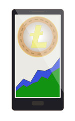 litecoin coin with growth graph on a phone screen