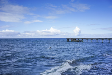 Obraz premium Seascape overlooking the long pier of the resort town with walking people.