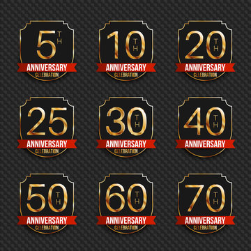 Anniversary logo's collection. 5th, 10th, 20th, 25th, 30th, 40th, 50th, 60th, 70th year celebration gold logotypes.