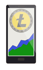 litecoin coin with growth graph on a phone screen