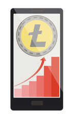 litecoin coin with growth graph on a phone screen