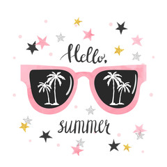 Summer poster with sunglasses and palms. Hello summer lettering, vecor illustration.