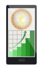 litecoin coin with growth graph on a phone screen