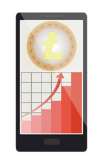 litecoin coin with growth graph on a phone screen