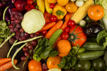 Vegetable and fruits mixed at groceries, top view