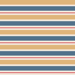 Motif vintage à rayures vectorielles continues avec des rayures parallèles horizontales colorées sur fond or, rouge, bleu et crème.