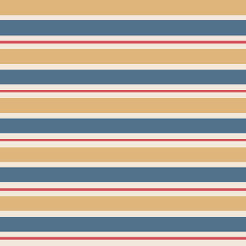 Seamless vector stripe vintage pattern with colored horizontal parallel stripes in gold, red, blue and cream background.