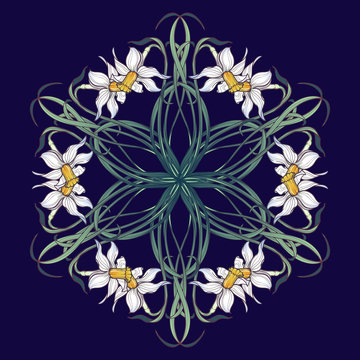Spring flowers. Daffodil flowers interlaced into an intricate circular ornament on a dark blue background. Art Nouveau style drawing. Mandala tattoo design. EPS10 vector illustration © AntonPix