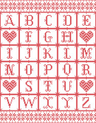 Scandinavian style Alphabet  inspired by Norwegian Christmas, festive winter seamless pattern in cross stitch with heart, snowflake elements red, white cross stitch
