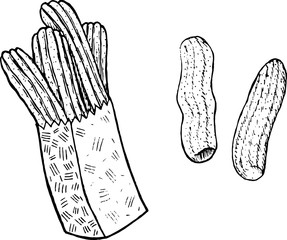 Doodle coloring page for adults with churros. Ink art with spanish food. Vector illustration