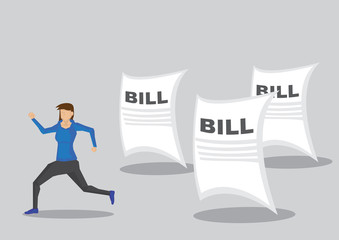Woman Running Away from Bills Cartoon Vector Illustraiton