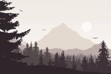 Wall murals Grey 2 Mountain landscape with a forest under the sky with clouds and flying birds in retro colors