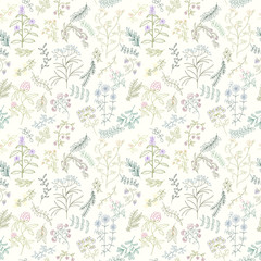 Seamless pattern of flowers, herbs and leaves