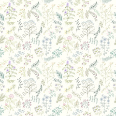 Seamless pattern of flowers, herbs and leaves