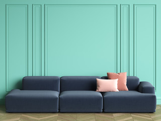 Blue sofa with pink pillows in classic interior with copy space.Turquoise color walls with mouldings. Floor parquet herringbone.Digital Illustration.3d rendering