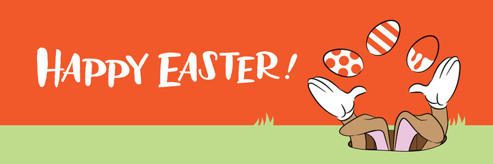 Happy Easter design with cartoon Easter bunny juggling eggs through a hole in the ground. EPS10 vector illustration.