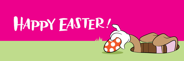 Happy Easter design with cartoon Easter bunny delivering an egg through a hole in the ground. EPS10 vector illustration.