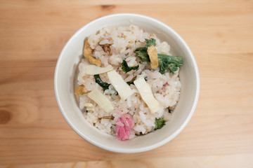 Japanese food, okawa (sticky rice) with vegetables