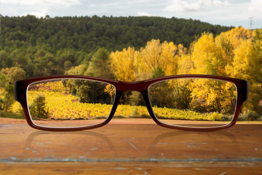 Brille auf einem Tisch liegend mit Herbstlandschaft im Hintergrund