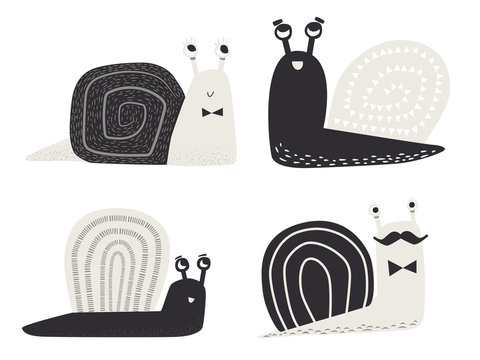 Set of 4 vector hand drawn snail