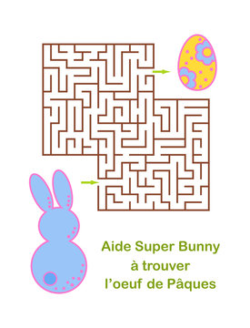 Easter Egg hunt maze or labyrinth game for children. With text in french - Help Super Bunny find the Easter egg