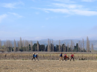 Marcheurs et handicap ensemble sur fond de montagne
