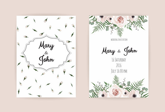 Vector invitation with handmade floral elements. Wedding invitation cards with floral elements