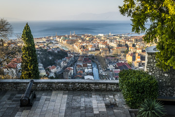 City of Rijeka view from Trsat, Kvarner bay of Croatia. View from above on the city and harbor of Rijeka, Croatia.