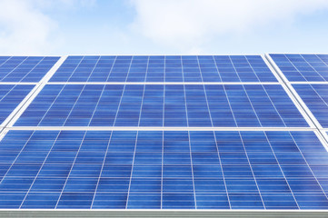 Fototapeta premium Close up rows array of polycrystalline silicon solar cells or photovoltaics in solar power plant alternative turn up skyward absorb the sunlight from the sun alternative renewable energy on blue sky 