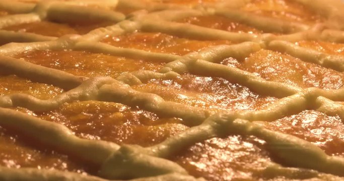 Food background, delicious fruit pie baked in the oven. 4K Time-lapse