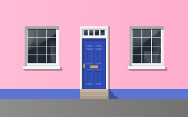 colorful house facade with front door and two windows