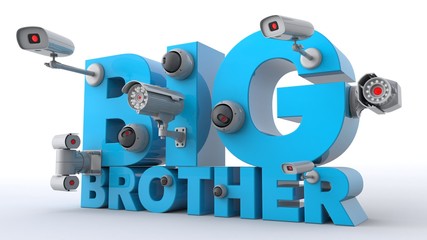 3D illustration of Big Brother text with CCTV cameras